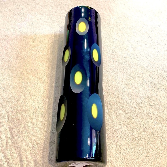 Black Crystal Vase Cut to Green Mid Century Modern MCM; Hand Blown 13.5 x 3 1/8" - Picture 3 of 11